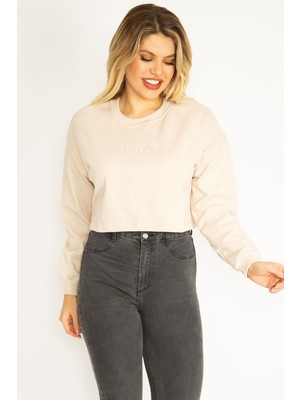 Kadın Vizon Içi Şardonlu Polar Kumaş Nakışlı Sweatshirt 65N35067