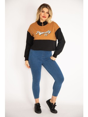 Kadın Taba Içi Şardonlu 3 Iplik Yaka Fermuarlı Iki Renkli Sweatshirt 65N35066