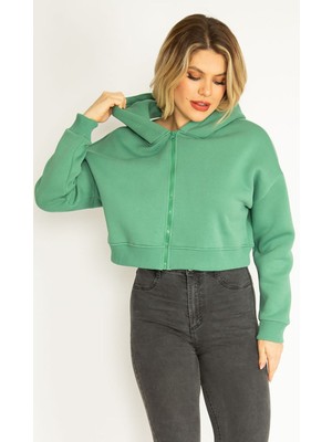 Kadın Yeşil 3 Iplik Polar Ön Fermuarlı Kapşonlu Sweatshirt 65N35050