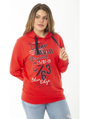 Kadın Büyük Beden Kırmızı Iki Iplik Ön Baskılı Kapşonlu Sweatshirt 65N37161