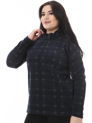 Kadın Büyük Beden Lacivert Pat Fermuarlı Polar Sweatshirt 65N38519