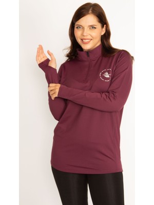 Kadın Bordo Ön Pat Fermuarlı Kol Altı Tül Detaylı Spor Sweatshirt 65N34762