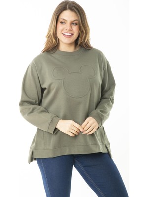 Kadın Büyük Beden Haki Içi Şardonlu Yırtmaçlı Sweatshirt 65N37177