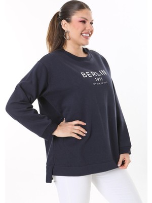Kadın Büyük Beden Lacivert Içi Şardonlu Yırtmaçlı Sweatshirt 65N37716