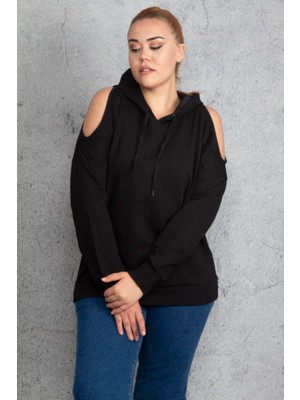 Şans Kadın Haki Kapşonlu Sweatshirt 65N18831 Omuz Dekolteli Büyük Beden Cepsiz Düz Desen
