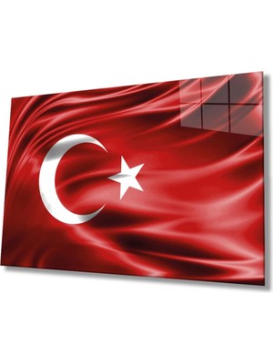 Marsilyan Teknoo- Kırmızı Dalgalı Türk Bayrağı Cam Tablo, Ev ve Ofis Duvar Dekoru,  Büyük Temperli Cam Tablo