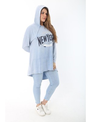 Kadın Büyük Beden Mavi Payet Detaylı Arkası Uzun Kapşonlu Sweatshirt 65N37463