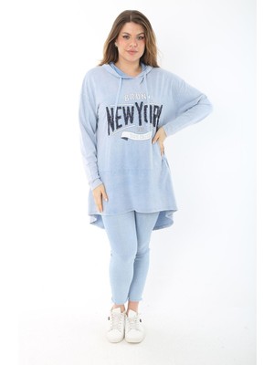 Kadın Büyük Beden Mavi Payet Detaylı Arkası Uzun Kapşonlu Sweatshirt 65N37463