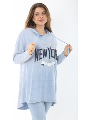 Kadın Büyük Beden Mavi Payet Detaylı Arkası Uzun Kapşonlu Sweatshirt 65N37463