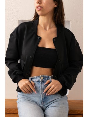 Seniorah Siyah Dalgıç Kumaş Çift Cepli Bomber Ceket