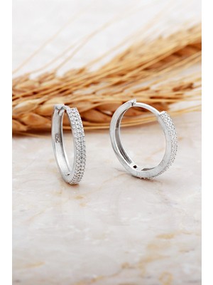 Sümer Telkari 20 mm Rodyumlu Taşlı Büyük Boy Gümüş Halka Küpe 7118