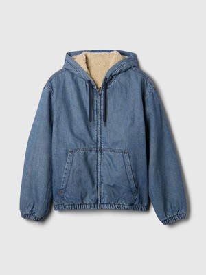 Erkek Mavi Oversize Sherpa Fermuarlı Denim Sweatshirt