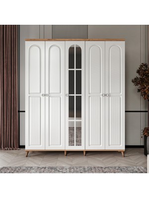 GuneyStore Ücretsiz Montaj - 100% MDF Bohem 5 Kapaklı Aynalı Atlantik Çam Beyaz Gardırop - MDF Dolap - Elbise Dolabı