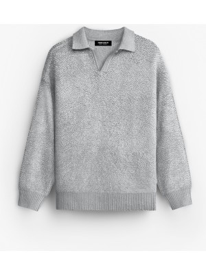 Erkek Oversize Dokulu Kazak Gri
