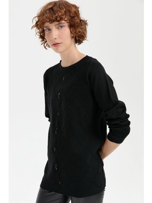 Sıfır Yaka Boncuklu Siyah Kadın Tunik 24175-SY-2K5