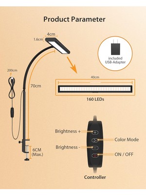 Varsthree 160 LED Masa Lambası, Kelepçeli, 30 Mod, USB Şarjlı, 360° Esnek Okuma Lambası