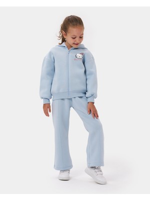 Minipodyum Kız Çocuk  Baskılı Kapşonlu Oversize Fermuarlı Eşofman Takımı