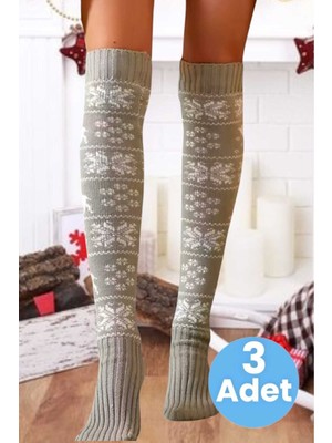 Uniquetrenders Kadın Yeni Yıl Temalı Kar Tanesi Desenli Diz Üstü Çorap 3'lü Set