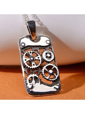 Ebrar Silver Gümüş Çark Figürlü Künye Kolye 925 Ayar Gümüş Dişli Figürlü Erkek Künye