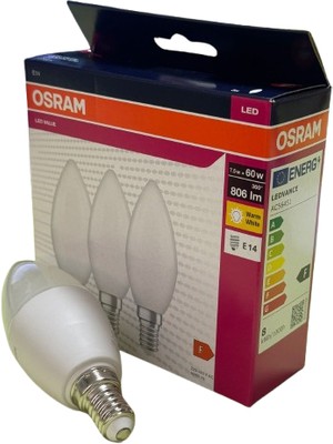 Osram 7,5W E14 Duy LED Ampul Sarı Işık 3000K 3'lü Paket Kutulu