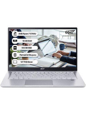 Acer Swift 3 Sf314-43-R09W AMD Ryzen7 5700U 16GB 512GB SSD AMD Radeon Dos 14'' FHD 60 Hz Gümüş Notebook NX.AB1EY.00C