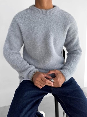 Erkek Oversize Dokulu Kazak Gri