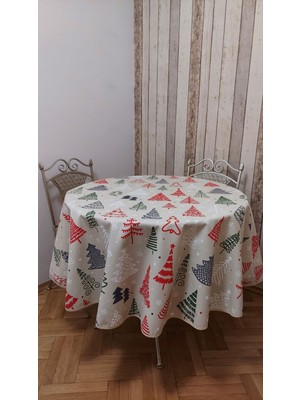 Gonk Yuvarlak,yılbaşı Desenli,duck (Sıvı Itici ,leke Tutmaz) Kumaş,masa Örtüsü