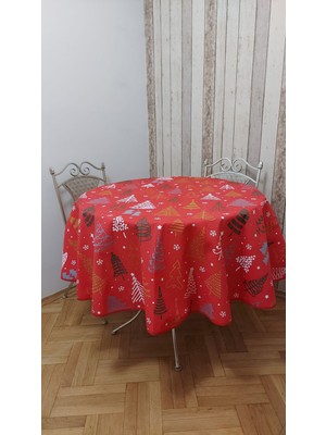 Gonk Yuvarlak,yılbaşı Desenli,duck (Sıvı Itici ,leke Tutmaz) Kumaş,masa Örtüsü
