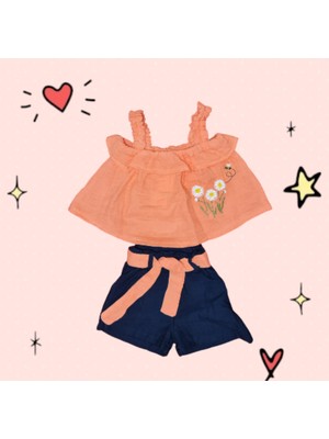 Kız Çocuk Turuncu Çiçek Nakışlı Bluzlu Şortlu Takım