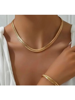 SE Jewellery 22 Ayar Altın Renk Gurme Model Zincir Bileklik Kolye Set