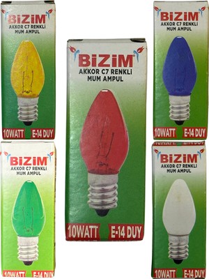 Bizim 10W Beş Farklı Renk (Kırmızı, Sarı, Mavi, Yeşil, Günışığı) E14 Duylu Dim Edilebilir Mum Ampul (Toplam 5 Adet)