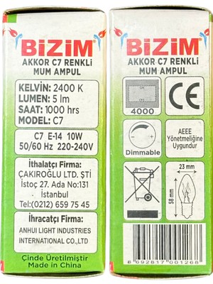 Bizim 10W Beş Farklı Renk (Kırmızı, Sarı, Mavi, Yeşil, Günışığı) E14 Duylu Dim Edilebilir Mum Ampul (Toplam 5 Adet)