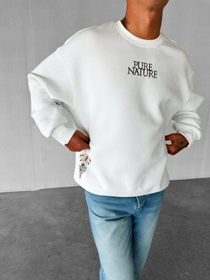 Erkek Oversize Yuvarlak Yaka Nakışlı  Sweatshirt Beyaz