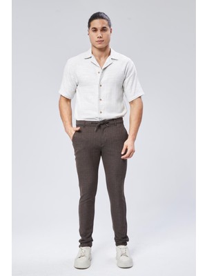 Erkek Yandan Cepli Bel Bağcıklı Slim Fit Chino Kahverengi Pantolon