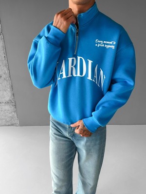 Erkek Oversize Yarım Fermuarlı Dik Yakalı Baskılı Sweatshirt Mavi