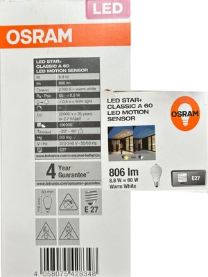 Osram 8.8W (60W) 2700K (Sarı Işık) E27 Duylu Sensörlü LED Ampul (10 Adet)