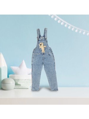 Ayıcıklı Kot Salopet Unisex Çocuk Tulum Ayarlanabilir Askı