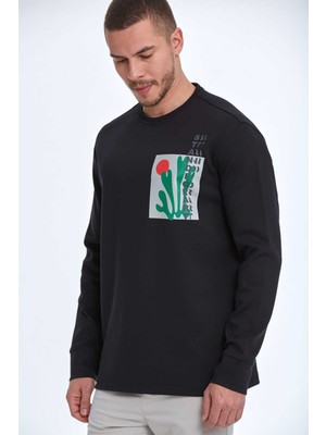 Voltaj Pattern Bisiklet Yaka Erkek Sweatshirt Siyah