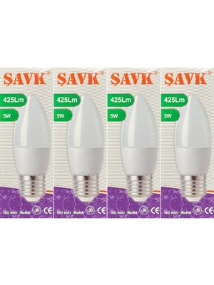 Şavk 5W (37W) 3000K (Sarı Işık) E27 Duylu LED Mum Ampul (4 Adet)