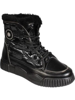 Yaz Kış Ayakkabı Yazkış Kadın Siyah Ten Paraşüt Kumaş Taşlı Içi Kürklü Fashıon Düz Taban Bot