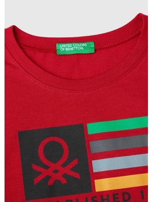 United Colors Of Benetton Erkek Çocuk Kırmızı Çok Renkli Logo Baskılı Bisiklet Yaka Uzun Kollu T-Shirt