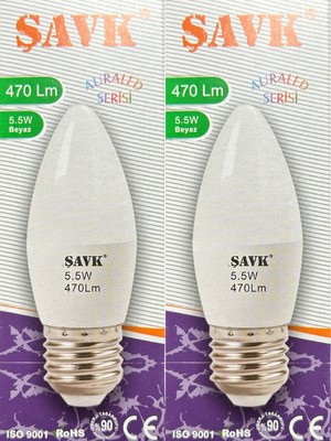 Şavk 5.5W (40W) 6000K (Beyaz Işık) E27 Duylu LED Mum Ampul (2 Adet)