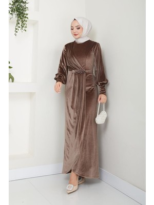 Ayşe Melek Tasarım Kadın Giyim Abiye Moda Taş Tokalı Kadife Abiye Elbise 2533