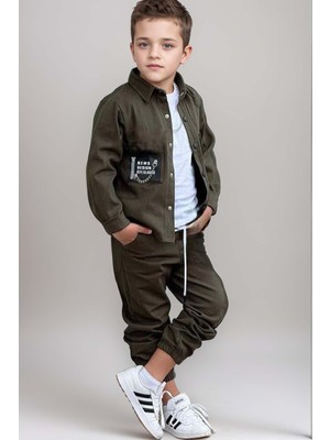 Erkek Çocuk Cıtcıt Düğme Detaylı Gömlek Yaka Ceket Penye Tişört Haki Eşofman Takım