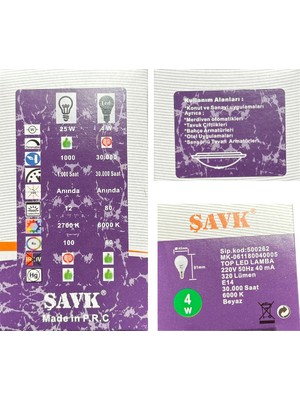 Şavk 4W (25W) 6000K (Beyaz Işık) E14 Duylu LED Top Ampul