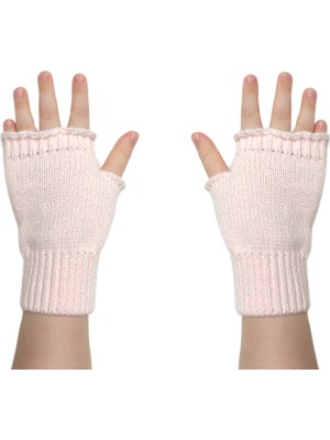 Açık Pembe Sevimli Çocuk Parmaksız Kışlık Örme Triko Eldiven 4-8 Yaş Kız Çocuklar İçin