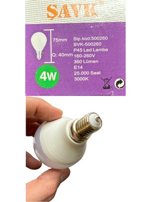 Şavk 4W (40W) 3000K (Sarı Işık) E14 Duylu LED Top Ampul