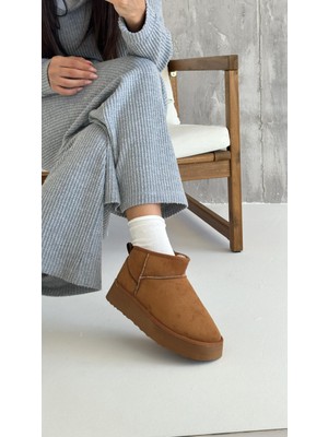 Favori Shoes Kadın Taba Kalın Taban Süet Bot Platform Topuklu Içi Kürklü Ug Model Bot & Bootie