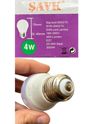 Şavk 4W (40W) 3000K (Sarı Işık) E27 Duylu LED Top Ampul (4 Adet)