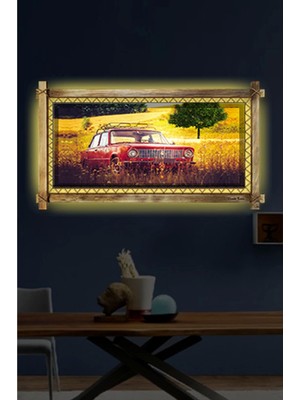 Marsilyan Teknoo- Kırmızı Antika Araba LED Işıklı Rustik Kanvas Tablo O